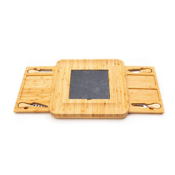 Bamboo Wood Cheese Serving Platter with in-built Double Drawer and 4 Cheese Tools Set
